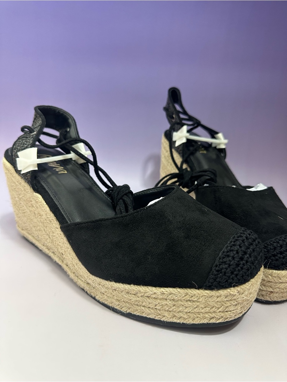 Liliana Black Espadrille Wedge Sandals with Ankle Tie